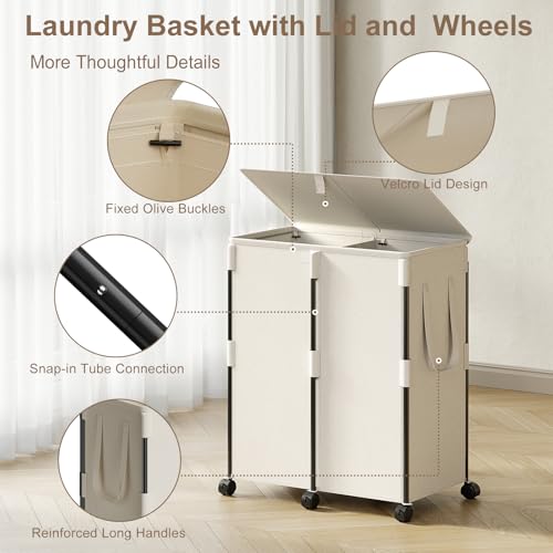 160L Double Laundry Hamper with Lid and 6 Wheels, Rolling Laundry Basket - color: White, size: 160L(24.8"L x 14.2"W x 29.92"H)
