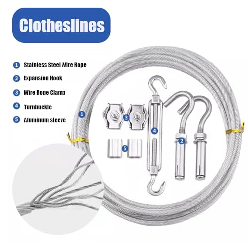 Clothesline, Stainless Steel Clothesline Wire Outdoor Cable Wire Rope Laundry Hanging Drying with Tightener System Multipurpose forOutdoor/Indoor/Home/Drying (32Ft)