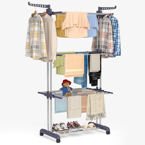 Bigzzia Clothes Drying Rack Folding with Wheels Drying Rack Clothing Clothes Horses Rack Stainless Steel Laundry Drying Rack with Two Side Wings 4 Tier Grey - color: Gray