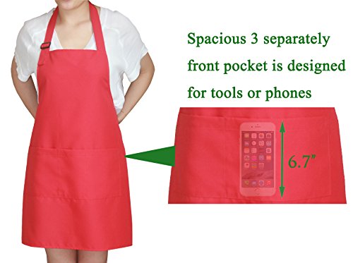 Christmas Red Professional Waterdrop Resistant Adjustable Extra Long Bib Apron 3 Pockets Home Kitchen Garden Restaurant Cafe Bar Pub Bakery for Cooking Chef Baker Servers Craft - color: Red