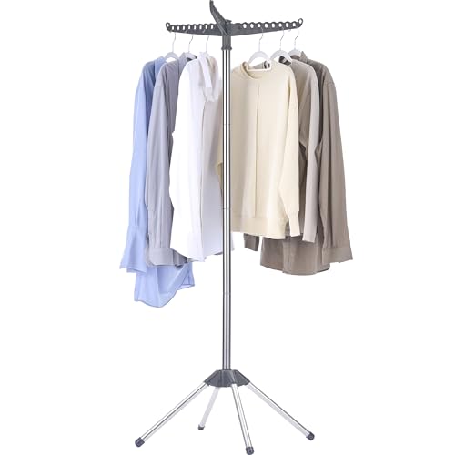 CASAMAYA Clothes Drying Rack Foldable, 59 inch Tripod Laundry Drying Rack Indoor with Rotating Clothes Rail for 27 Pieces of Clothes, Space Saving, Stainless Steel, Grey and Silver CDR001G01 - color: Grey+ Silver, size: 1-Tier Standard