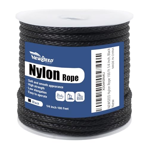 NEWSEED 100 Ft 1/4 Inch Nylon Rope Heavy Duty Utility Rope (Black) - size: 1/4 In x 100FT, style: Black