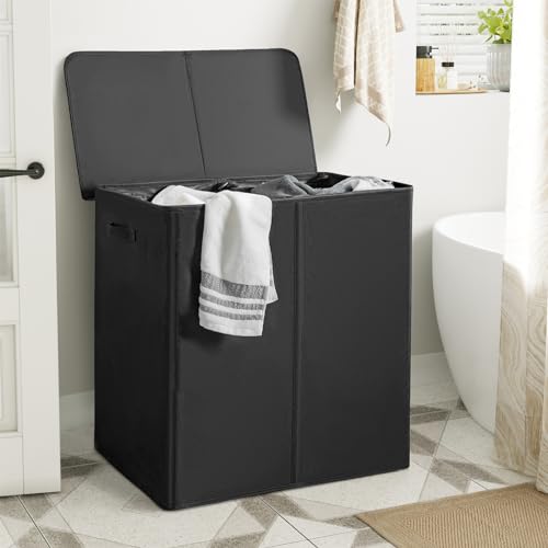 WOWLIVE 180L Double Laundry Hamper 2 Section with Lid and Removable Bags - color: Black, size: 180L (24.8 x 16.2x 27.6 Inches)
