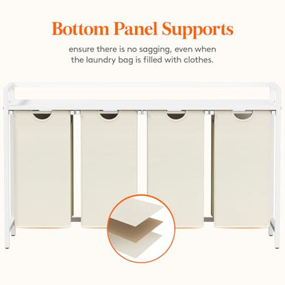Lifewit Laundry Hamper 4 Section, 168L Pull out Laundry Clothes Basket Organizer with Large Top Shelf and 4 Removable Bags and Handles for Laundry Room Bedroom Bathroom, White with A Shelf