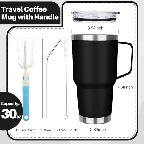 30 oz Stainless Steel Insulated Tumbler with Handle, Lid and Straw, Double Wall Vacuum Insulated Coffee Mug Tumbler, Insulated Coffee Thermal Cup for Cold and Hot (Black) - color: Black, size: 30 Ounces