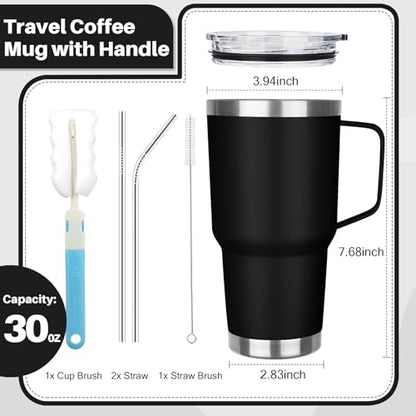 30 oz Stainless Steel Insulated Tumbler with Handle, Lid and Straw, Double Wall Vacuum Insulated Coffee Mug Tumbler, Insulated Coffee Thermal Cup for Cold and Hot (Black) - color: Black, size: 30 Ounces