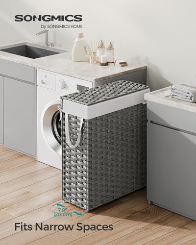 SONGMICS Laundry Hamper with Lid, 14.5 Gal (55 L) Synthetic Rattan,Foldable - color: Dove Gray, size: 55 L
