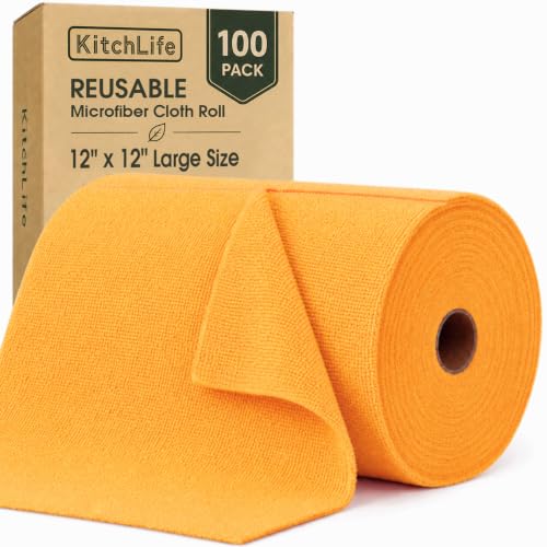 Microfiber Cleaning Cloth Roll, 100 Pack 12 x 12 Inch Tear Away Reusable Paper Towels, Thick Cleaning Towels, Absorbent Lint Free Washable Rags for Kitchen, Car, Garage and Workshop - Apricot Orange - color: Tangerine Yellow