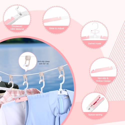 6 Pack Fodable Travel Hangers with Clips & Adjustable Clothesline, Portable Collapsible Hangers with Storage Bag for Suitcase, Hotel, RV, Cruise Essentials Set (Pink) - color: Pink