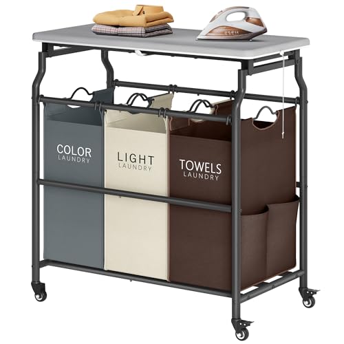 Hoctieon 3 Section Laundry Sorter with Iorning Board, Hamper with Wheels - color: Brown+gray+beige