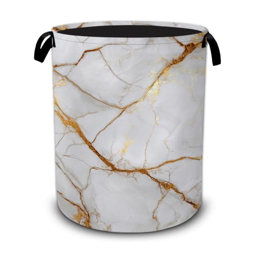 Marble Laundry Basket with Handles,White and Gold Marble Foldable Oxford Laundry Hamper,Collapsible Clothes Storage Basket for Laundry Room/Bathroom/Bedroom/Dormitories 20.8 x 16 Inches - color: White and Gold Marble