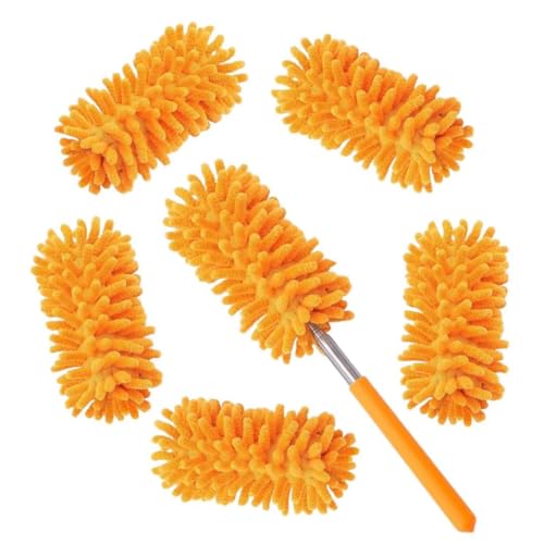 Microfiber Duster for Cleaning,6 Pcs Hand Washable Dusters with 11" to 29.5" Reachable Pole,Small Dusters for Cleaning Office Car Computer Furniture Sofa Ceiling Fan (Orange) - color: Orange