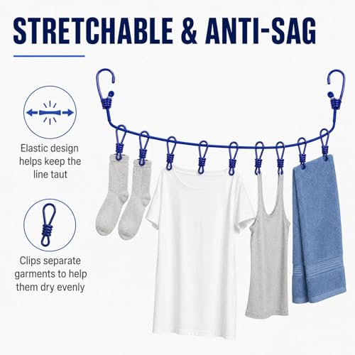 Portable Clothesline with 12 Clips, Stretch Travel Drying Rope with Stainless Steel Hooks for Camping Indoor Use.(Blue) - color: Blue
