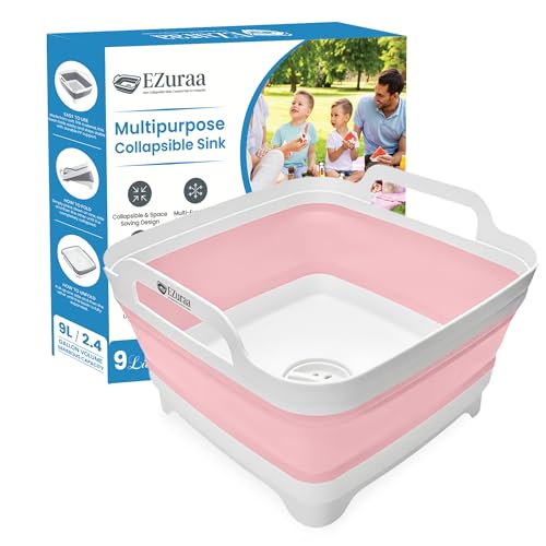 EZuraa 2.4 gal(9L) Pink Collapsible Dish Basin, Portable Sink or Dish Pan for Kitchen Sink with Drain Plug/Strainer, Space Saving Baby Bottle Wash Basin Collapsible Bucket, Beverage Tub for Camping - color: Pink