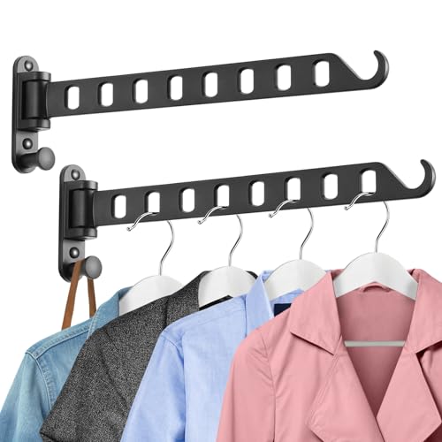Wall Mounted Clothes Hanger with Swing Arm - 8-Hole Laundry Drying Rack | 180° Rotation & Space Saving for Laundry Room, Closet | Sturdy Hanging Bar | Solid Aluminium(2-Pack, Black) - color: Black (8-hole, 14.2")