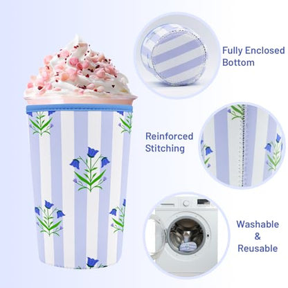 Iced Coffee Sleeve Reusable Neoprene Cup Sleeves, Stripes Flowers - color: Stripes Flower