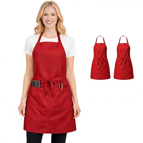 2/6/12/24 Pack Waterproof Aprons Bulk with Pockets, Polyester and PVC Coated Chef Aprons for Cooking, Painting, BBQ - color: Red