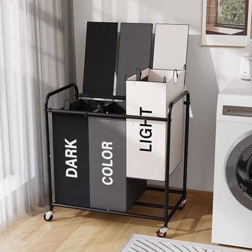 180L Laundry Sorter 3 Section with Lockable Wheels and Lid Multicolor - color: Multicolor-3 Sec, size: 47.55Gal