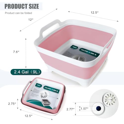 FOSJGO Collapsible Dish Basin with Drain Plug, Foldable Sink, 2.4 Gal (9L) - color: Pink