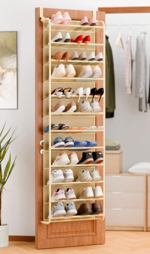 Whitmor 36 Pair Over the Door Shoe Rack,12 Tier Hanging Shoe Organizer with Metal Frame & Mesh Shelves, Heavy Duty Shoe Storage Holder for Door, No Drill Installation, 74" H x 21.7" W x 7.5" D, Beige - color: Beige
