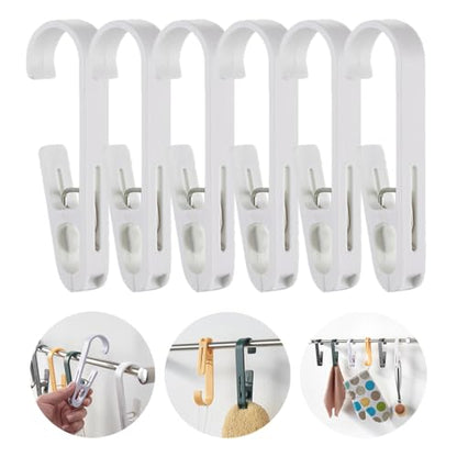 6Pcs Laundry Hooks with Clips Hanger Closet Organizer Clamps Hanging Socks Boot Bras Towels Shower Pegs for Bathroom Wardrobe Kitchen Office Holders Clothes Pins Outdoor, White - color: White