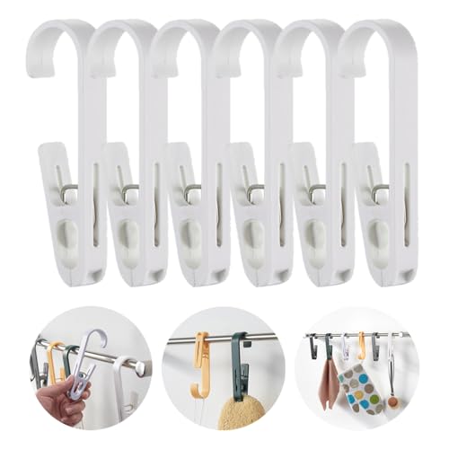 6Pcs Laundry Hooks with Clips Hanger Closet Organizer Clamps Hanging Socks Boot Bras Towels Shower Pegs for Bathroom Wardrobe Kitchen Office Holders Clothes Pins Outdoor, White - color: White