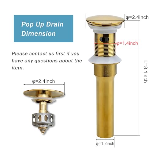 Rockgoya Bathroom Sink Drain, Gold Drain Stopper Bathroom Sink with Overflow,Pop Up Drain Assembly with Detachable Strainer Basket,Built-in Anti-Clogging Strainer,Stainless Steel - color: Gold, style: With Overflow