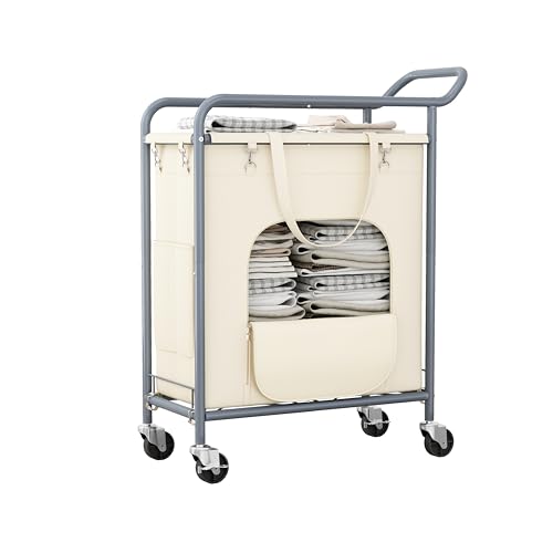 Laundry Basket with Wheels, Rolling Laundry Hamper with 38.4" Tall Handle for Less Bending, Bottom-Opening Design for Easy Unloading, Slim 150L Rolling Laundry Cart for Apartment, Dorm & Home - color: Beige