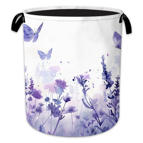 Purple Butterfly Laundry Basket, Foldable Oxford Cloth Lavender Meadow Laundry Hamper with Handles, Tote Bag Clothes Storage Bucket for Laundry Room/Bathroom/Bedroom/Dormitories 20.8"x16" - color: Purple Butterfly