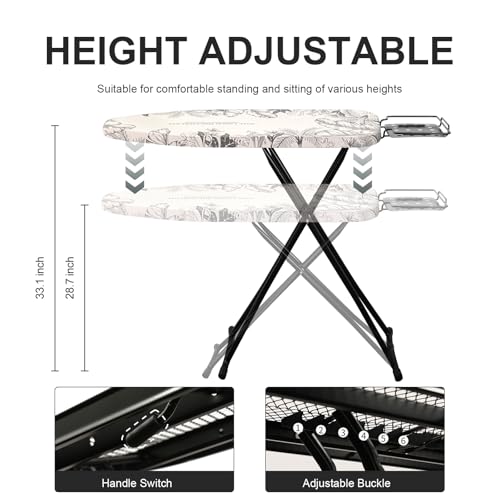Ironing Board,Foldable Ironing Board Adjustable Height Compact Iron Board Thick Steel Tube Iron Board with Holder,Replacing Cloth Cover and Mini Handheld Gloves, Gift for Women(Leaf Print)