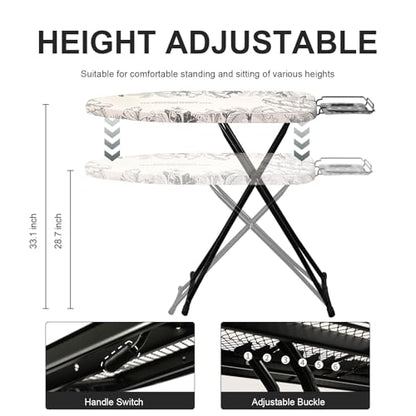 Ironing Board,Foldable Ironing Board Adjustable Height Compact Iron Board Thick Steel Tube Iron Board with Holder,Replacing Cloth Cover and Mini Handheld Gloves, Gift for Women(Leaf Print)