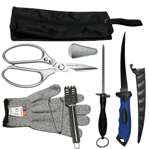 Fishing Knife Set, Fish Cleaning Kit, Filet Knife for Fish, Fish Scale Cleaning Brush, Multi-Functional Scissors, Gloves, Fishbone Tweezers, Storage Bag,Fishing Accessories,Fishing Tool Kit - size: 7PCS-Blue