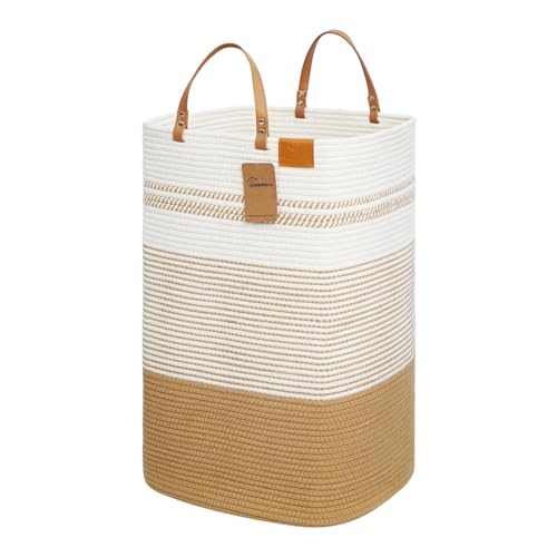 danpinera Large Laundry Hamper – 75L Tall Woven Cotton Storage Basket with Leather Handles, Slim Dirty Clothes Hamper, Decorative Storage Basket for Blanket,Toys White & Jute - color: White & Jute, size: 75L Square