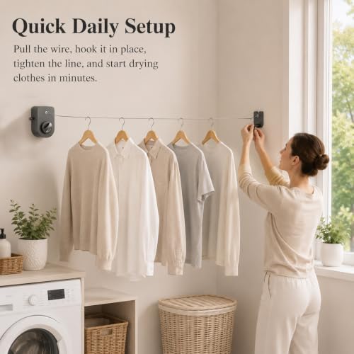 Retractable Clothesline with Adjustable Tension, 13.7 Ft Anti-sag Laundry Line, Wall Mount Drying Clothes Line with Telescopic Rod, Heavy Duty Clothes Drying Line for Indoor Outdoor Use