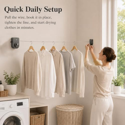 Retractable Clothesline with Adjustable Tension, 13.7 Ft Anti-sag Laundry Line, Wall Mount Drying Clothes Line with Telescopic Rod, Heavy Duty Clothes Drying Line for Indoor Outdoor Use