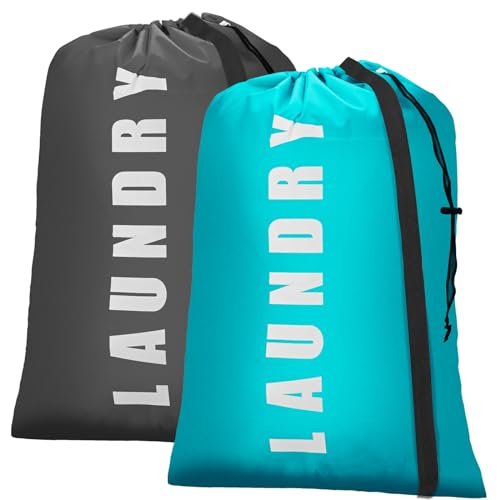 Isink Heavy Duty Laundry Bag with Strap,2 Pack Travel Laundry Bags for Dirty Clothes,24" x 36" Large Laundry Bag for Traveling,Camping,Dorm (Cyan + Gray) - color: Laundry Bags with Strap (Cyan + Gray)