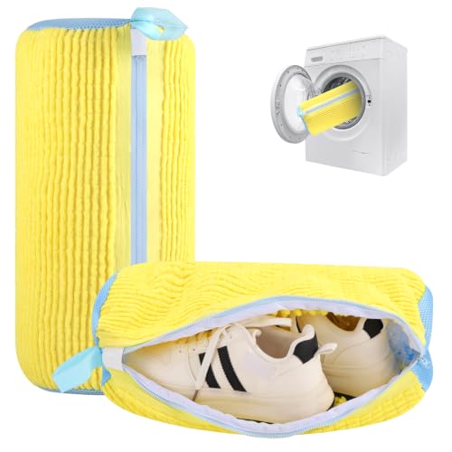 Dntorx 2 PCS Shoe Washing Machine Bag Shoe Laundry Bags, Yellow & Blue Chenille Mesh Shoe Bag for Washing Machine with L-Shaped Zipper, Fits Sneaker Tennis Shoes - color: Yellow&Blue