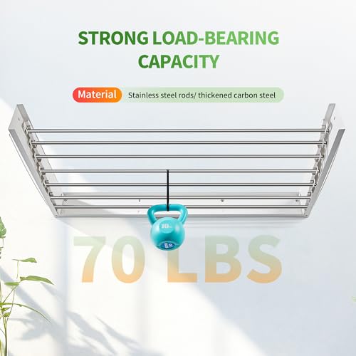 Heshecein Wall Mounted Drying Rack,Collapsible Drying Racks for Laundry,7 Stainless Steel Rods,Folding Indoor/Outdoor Drying Rack Clothing,Collapsible Laundry Drying Rack,47” Wide
