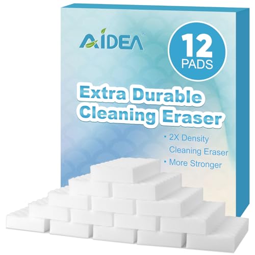 AIDEA Magic Sponges Cleaning Eraser, 2X Density Stronger Sponge for Household, Powerful Scrubber Foam Pads, Multi-Surface Cleaning Supplies for Kitchen, Furniture, Bathroom, Sink, Wall, 12 Pads