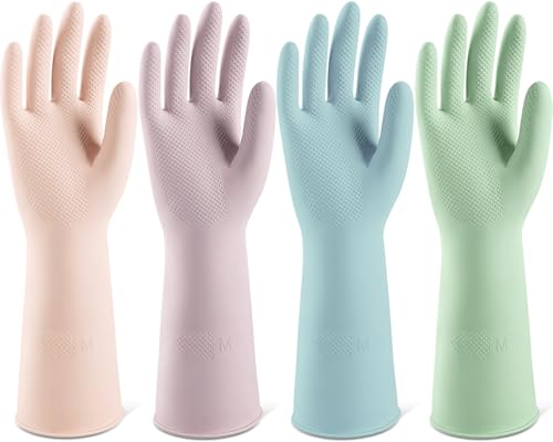ThxToms 4 Pairs Reusable Rubber Gloves, 13" Natural Latex, 10mil Thick Heavy Duty Dishwashing & Cleaning Gloves, Non-Slip Grip, Multi-Color, Ideal for Kitchen, Bathroom, Car, & Garden Cleaning, Small - size: Large