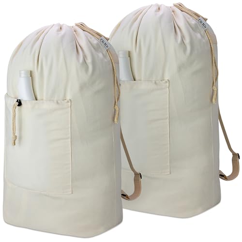 Laundry Bag Backpack, Canvas Laundry Bag with Straps & Drawstring, 2 pack - color: Beige x2, size: X-Large