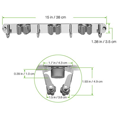 Broom Closet Organizer Wall Mounted, Fyrcomft Heavy Duty Stainless Easy Install Broom Mop Holder with 3 Racks 4 Hooks (Grey)