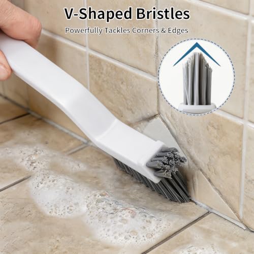 3-in-1 Grout Brush and Crevice Cleaner,with V-Shaped Bristles & Hair Clip-Multi-Surface Gap Cleaning Tool for Bathroom Tiles,Kitchen,Window Tracks,and Narrow Corners (White) - color: White