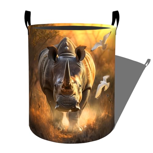 Majestic Sunset Rhino with Birds Laundry Basket, Dorm Nursery Foldable Laundry Hamper Organizer for Bathroom Decor, Toy Clothes Storage Box for Bedroom 19.7x15.7 Inch - style: Rhino33