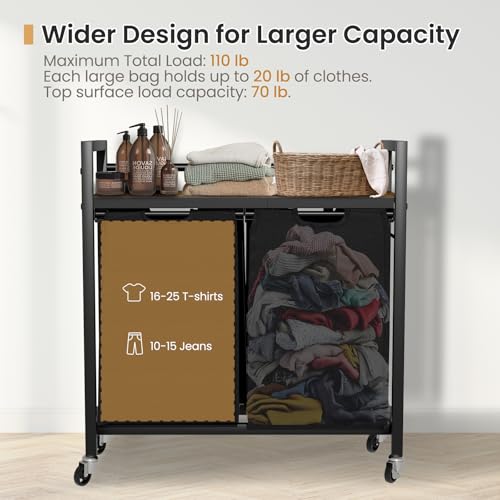 SwaaVee Laundry Sorter, Laundry Hamper with Wooden Top Shelf, 2×14.5Gal(110L), Metal Frame laundry basket with wheels, Pull out and Removable Laundry Bags, 2 Bags-Black - color: Black