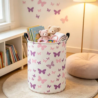 Round Fabric Collapsible Storage Basket with Handles, Purple Butterfly - color: Round-Purple Butterfly