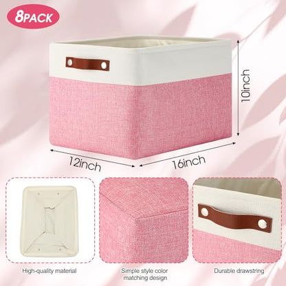 Uiifan 16 x 12 x 10 Inch 8 Pack Fabric Storage Baskets with Handles, Pink - color: Pink, size: 16 x 12 x 10 Inch