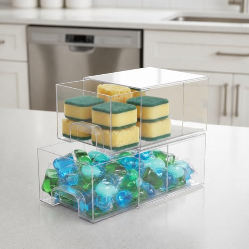 2 Pack Laundry Pods Container, Stackable Laundry Room Organization Storage Drawers, Dryer Sheet Container, Detergent Holder with Pull Handle, Bathroom Organization, Clear
