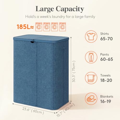 Lifewit 185L 3 Section Laundry Hamper with Lid, Laundry Basket, Dark Blue - color: Dark Blue, size: 185L