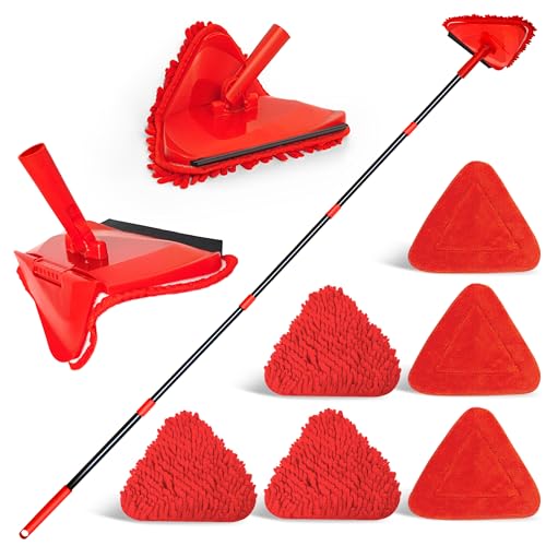 NEWE Wall Mop Cleaner, 80 inches Long Handle, 180° Folding Ceiling Cleaning Tool with Squeegee for Washing Painted Walls, Triangle Baseboard Scrubber with 3 Chenille Duster and 3 Microfiber Pads (Red) - color: Red